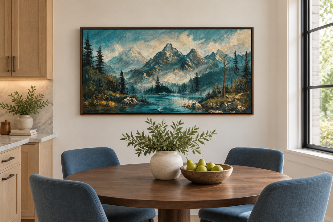 Teal Mountain Lake Framed Canvas Wall Art in a walnut frame above a dining table.