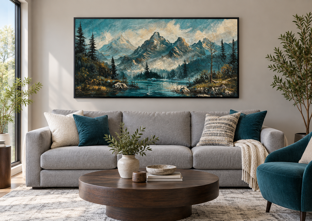 Teal Mountain Lake Framed Canvas Wall Art in a black frame above a grey sofa in a living room.