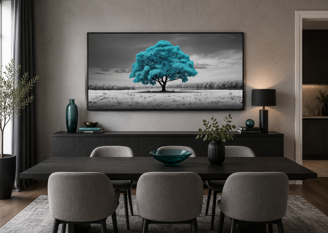 Teal Tree on Black White Background Framed Canvas Wall Art above a dining table in a modern room.