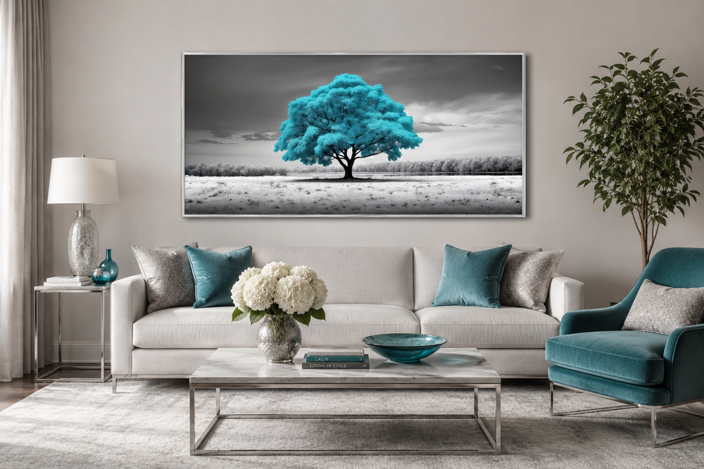 Teal tree on black and white background framed canvas wall art above a sofa in a living room.