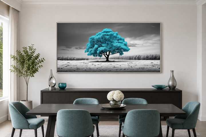 Teal tree on black and white background framed canvas wall art above a dining table.