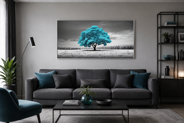 Teal Tree on Black White Background Framed Canvas Wall Art above a dark grey sofa in a living room.