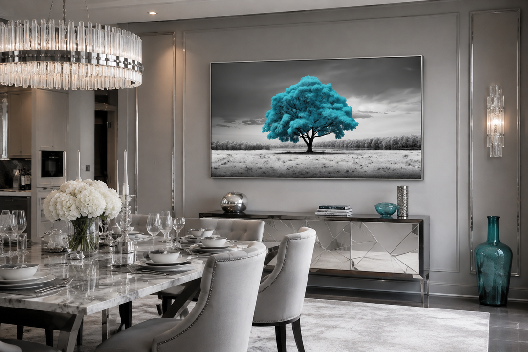 Teal tree on black and white background framed canvas wall art in a modern dining room.
