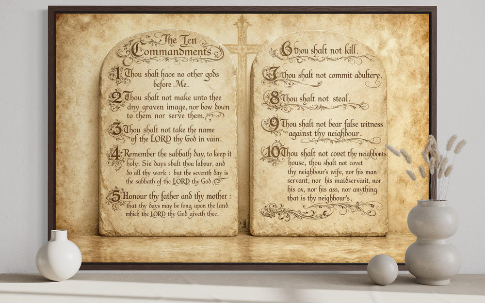 Ten Commandments Christian scripture canvas wall art styled as aged stone tablets in a dark frame.
