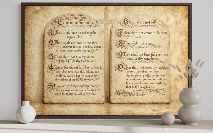 Ten Commandments Christian scripture canvas wall art styled as aged stone tablets in a dark frame.