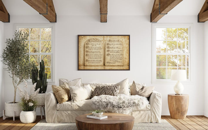 A framed Ten Commandments canvas wall art hangs above a neutral sofa in a bright, rustic living room.