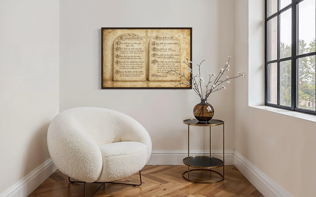 A framed Ten Commandments canvas print hangs in a warm, modern room with a white textured armchair.