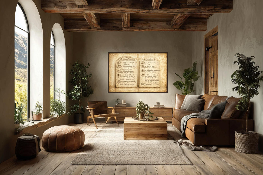 Ten Commandments Christian scripture canvas wall art displayed in a rustic, sunlit living room.
