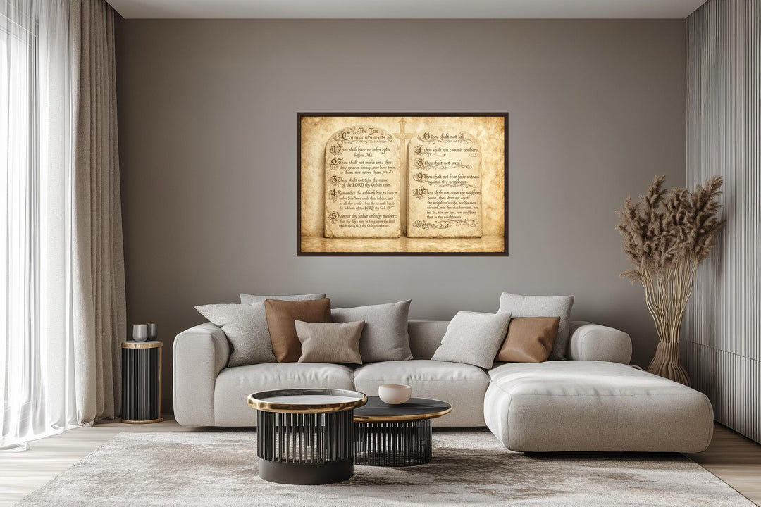 Ten Commandments scripture canvas wall art in an antique manuscript style above a modern sofa.