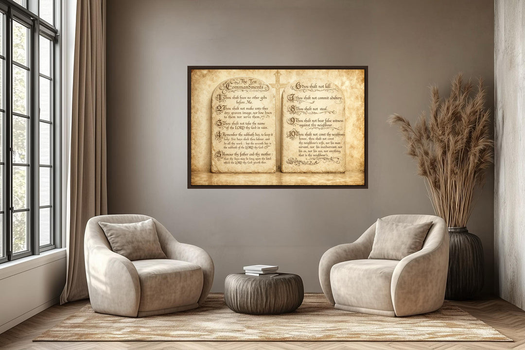 A framed canvas print of the Ten Commandments on aged stone tablets hangs in a modern living room.