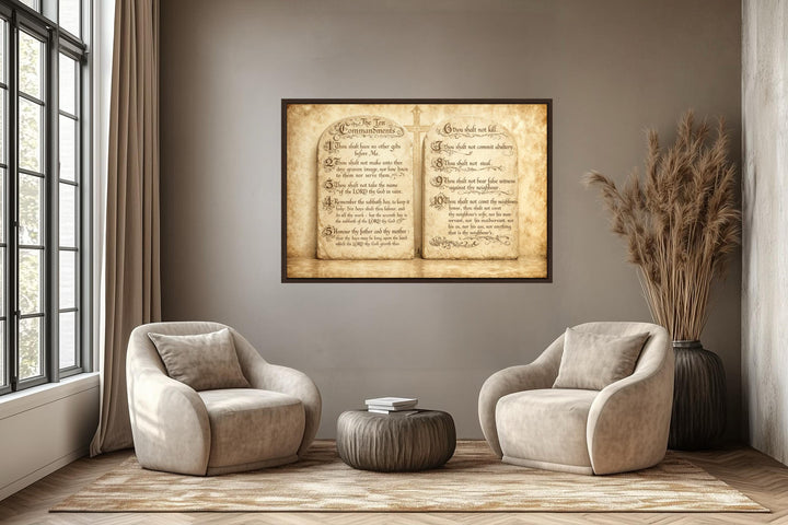 A framed canvas print of the Ten Commandments on aged stone tablets hangs in a modern living room.