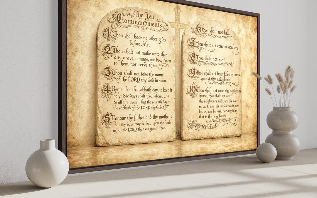 Ten Commandments scripture canvas wall art styled as ancient stone tablets in a dark wood frame.