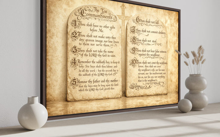 Ten Commandments scripture canvas wall art styled as ancient stone tablets in a dark wood frame.