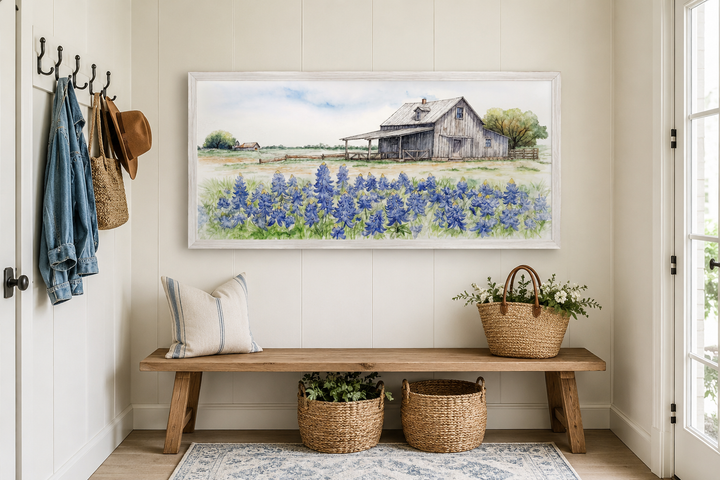Rustic Texas barn wall art with bluebonnet field print in a farmhouse entryway setting.