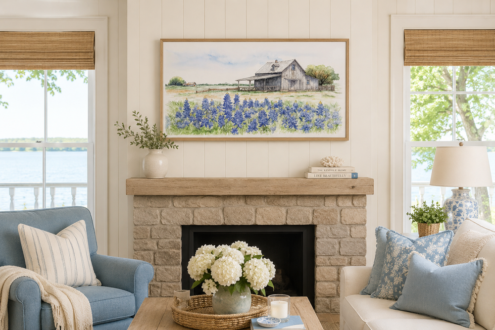 Rustic Texas barn wall art with bluebonnet field print displayed above a stone fireplace mantel.