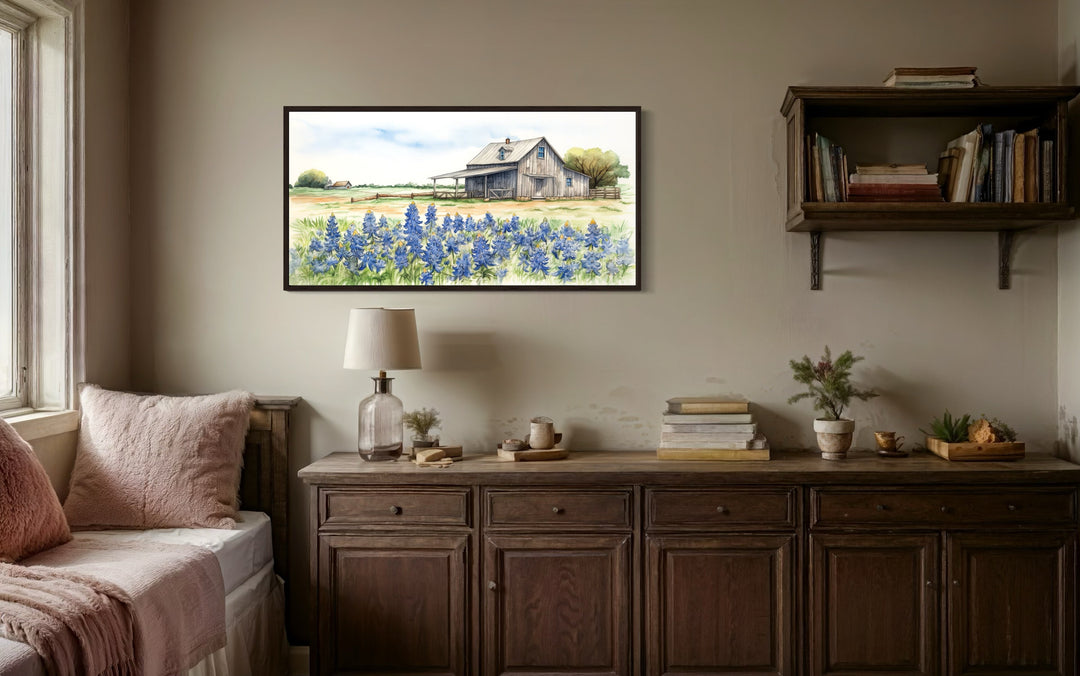 Texas barn wall art canvas featuring a rustic farmhouse and bluebonnet field in a bedroom setting.