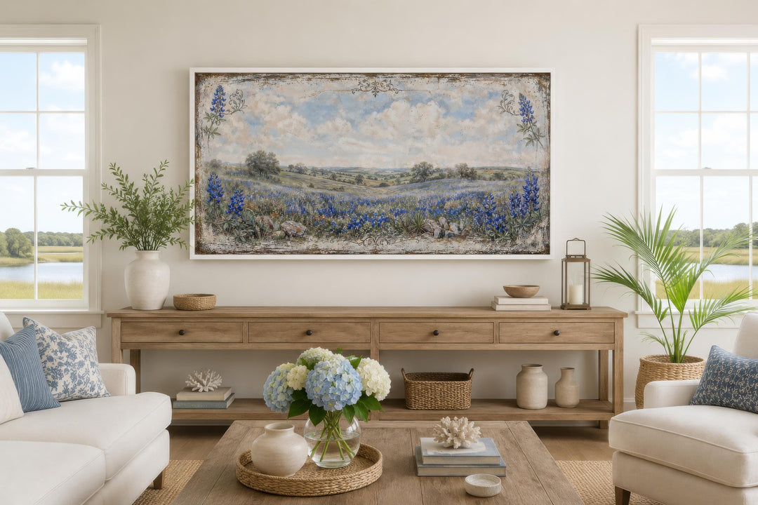 Vintage Texas bluebonnet landscape canvas print in a wide horizontal frame above a wooden console.
