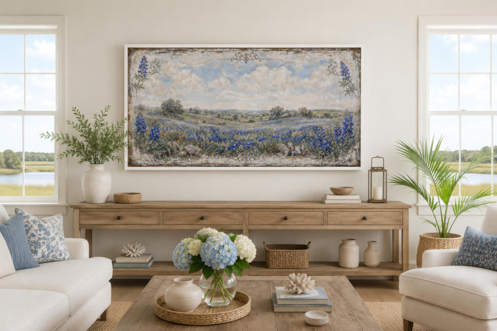Vintage Texas bluebonnet landscape canvas print in a wide horizontal frame above a wooden console.
