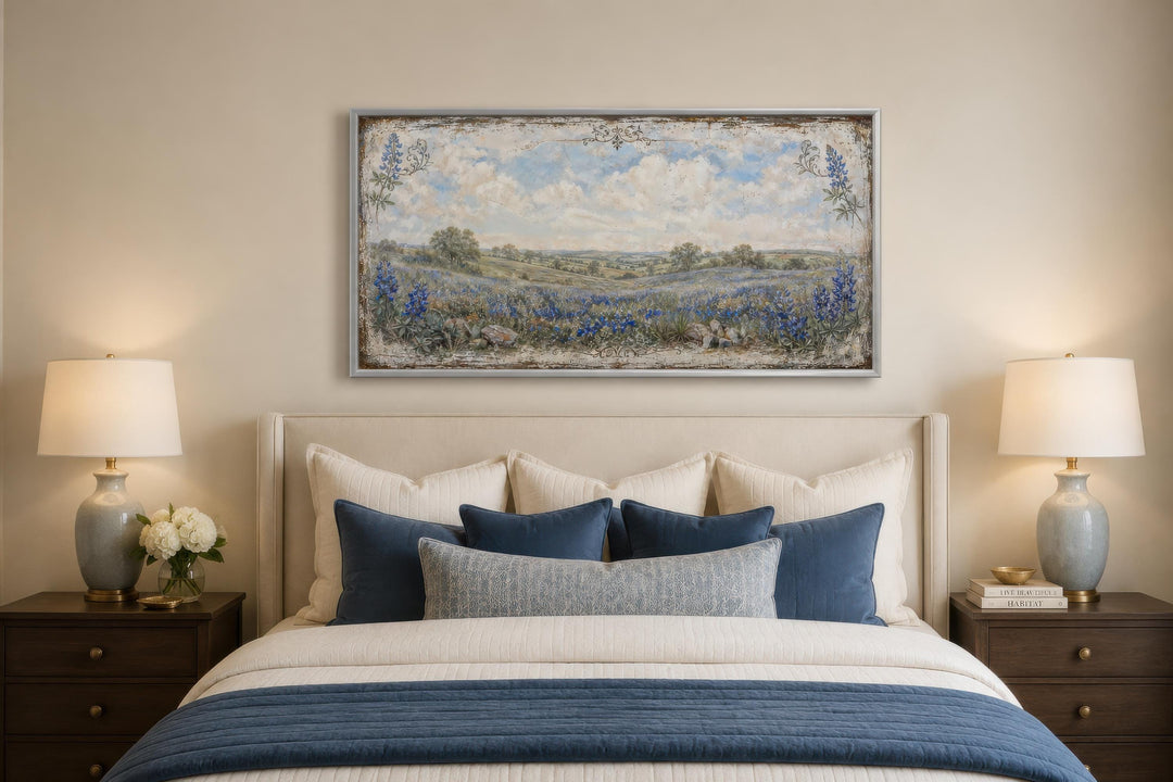 Texas Bluebonnet Wall Art, a vintage wildflower landscape canvas print above a bed.