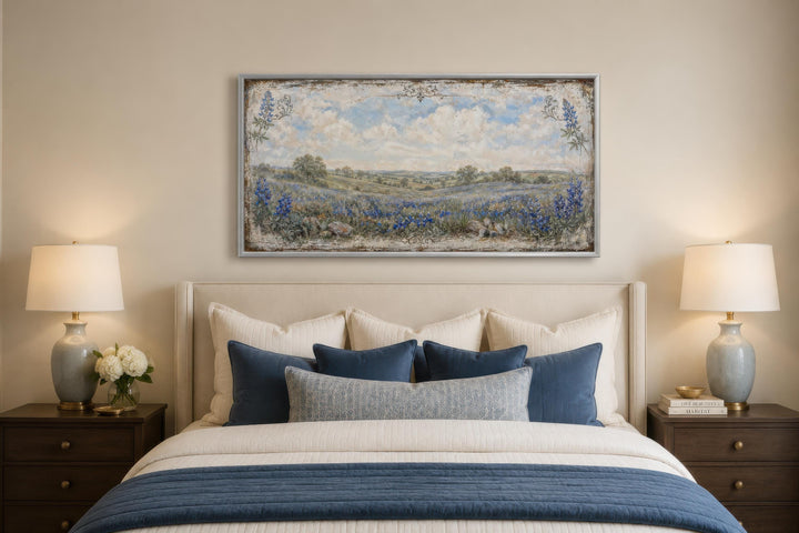 Texas Bluebonnet Wall Art, a vintage wildflower landscape canvas print above a bed.