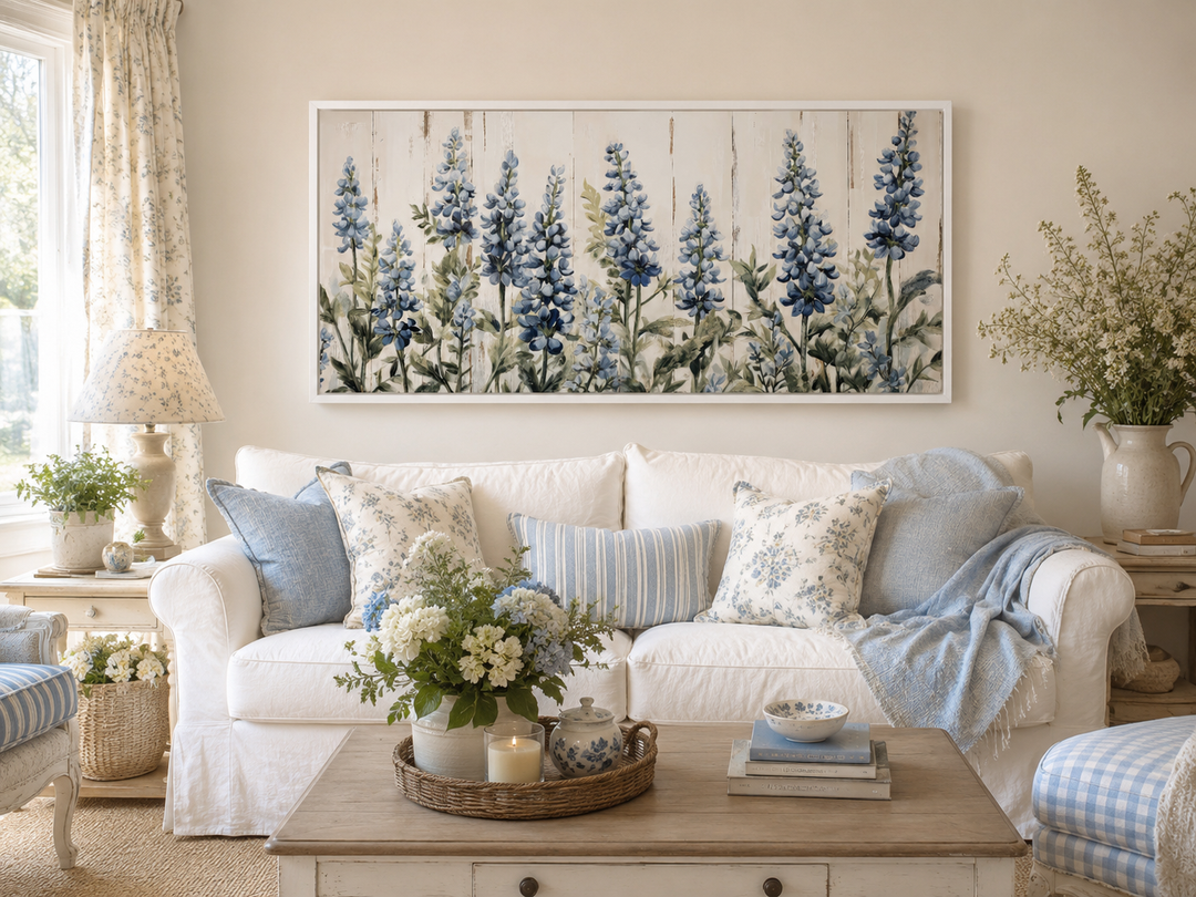 Texas Bluebonnets painted on rustic wood framed canvas wall art hanging above a white sofa.