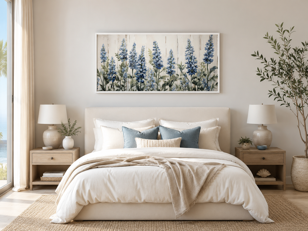 Texas Bluebonnets painted on wood rustic framed canvas wall art hanging above a neutral bed.