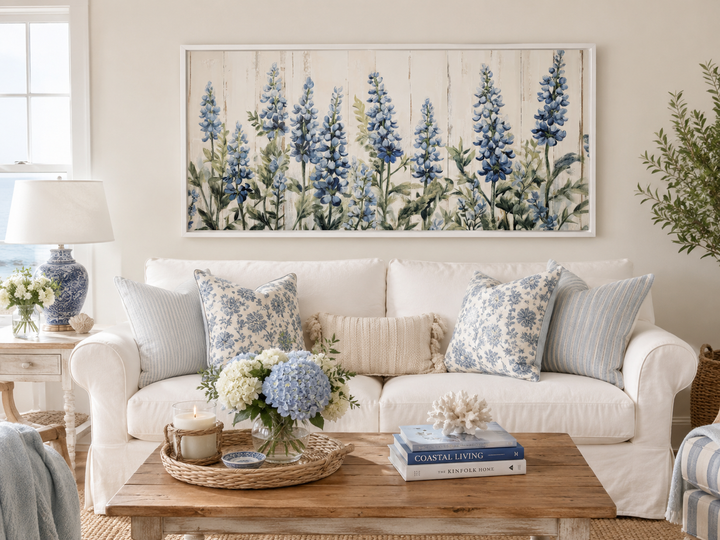 Texas Bluebonnets painted on wood rustic framed canvas wall art above a white sofa.