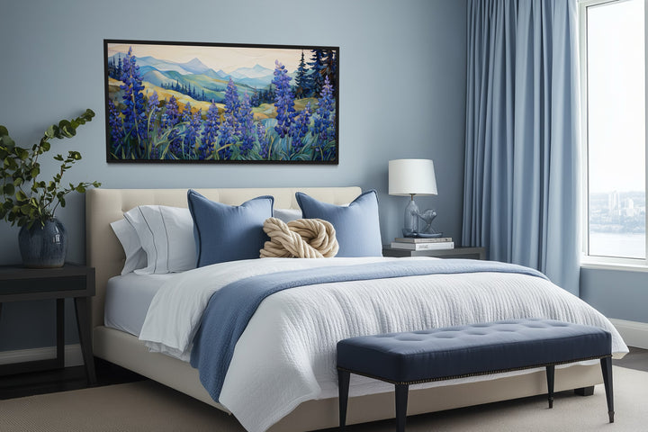 Framed canvas print of Texas bluebonnets in a rolling landscape.