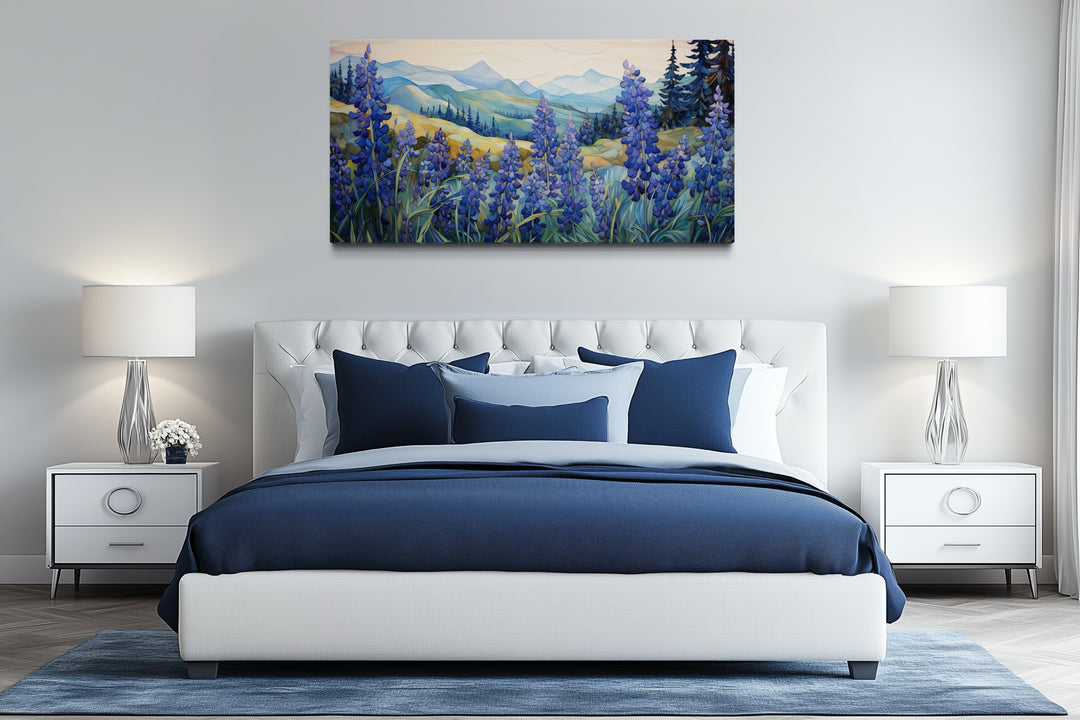 Texas Bluebonnets framed canvas wall art with blue flowers and rolling hills.