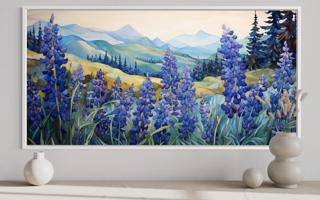 Framed Texas bluebonnets canvas art with rolling hills and mountains.