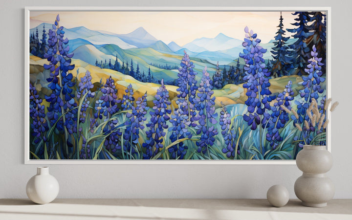 Framed Texas bluebonnets canvas art with rolling hills and mountains.