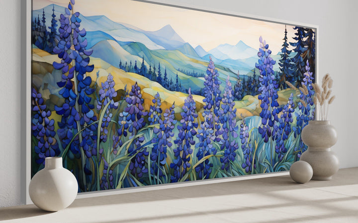 Framed canvas print of Texas bluebonnets with rolling hills and trees.