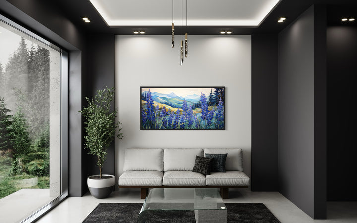 Framed canvas print of Texas bluebonnets in a field with rolling hills.