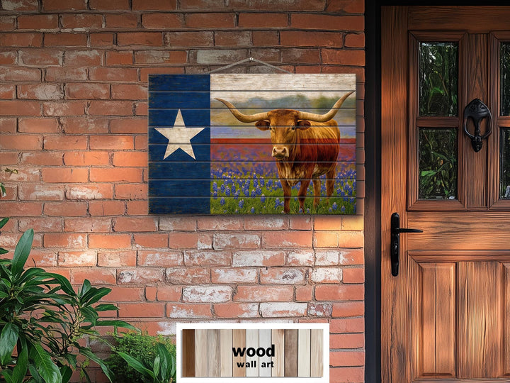 Texas Flag, Bluebonnets and Longhorn Mashup Distressed Wood Wall Art