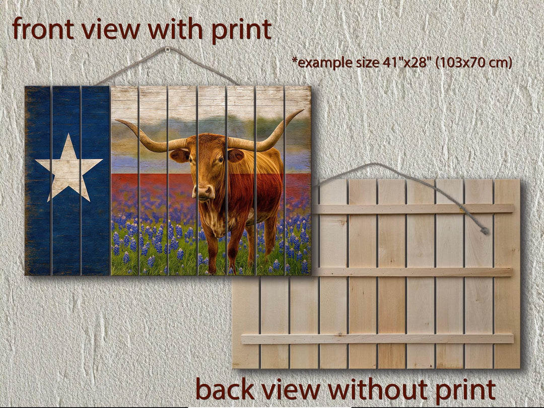 Texas Flag, Bluebonnets and Longhorn Mashup Distressed Wood Wall Art