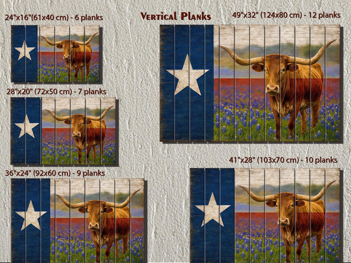 Texas Flag, Bluebonnets and Longhorn Mashup Distressed Wood Wall Art