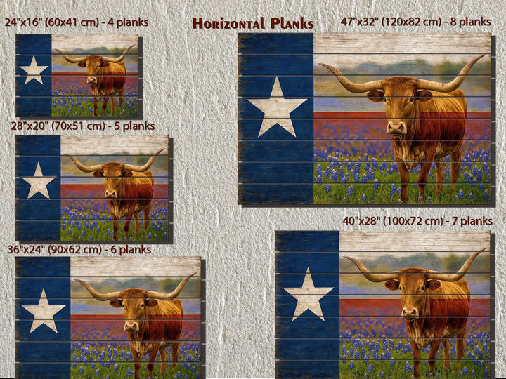 Texas Flag, Bluebonnets and Longhorn Mashup Distressed Wood Wall Art