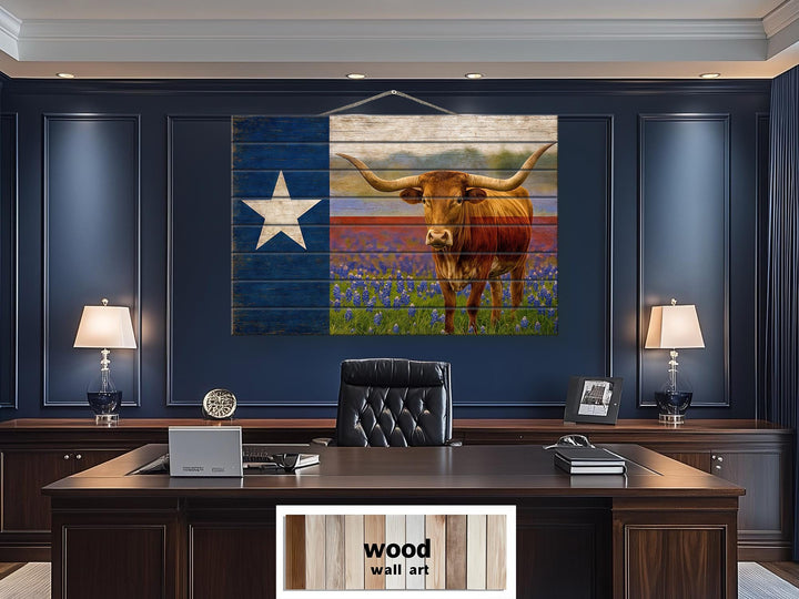 Texas Flag, Bluebonnets and Longhorn Mashup Distressed Wood Wall Art