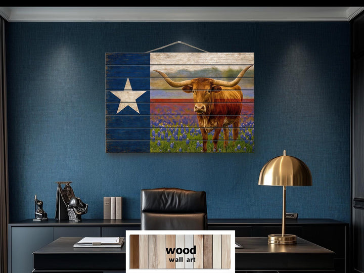 Texas Flag, Bluebonnets and Longhorn Mashup Distressed Wood Wall Art