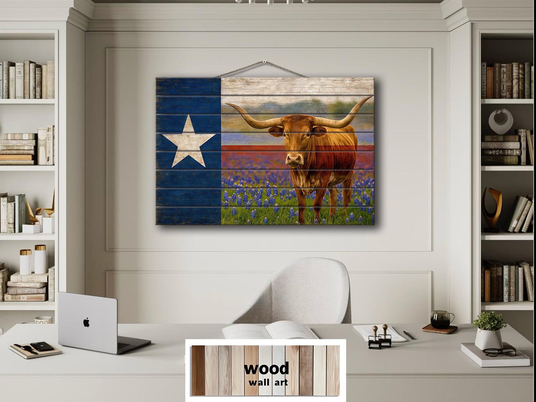 Texas Flag, Bluebonnets and Longhorn Mashup Distressed Wood Wall Art