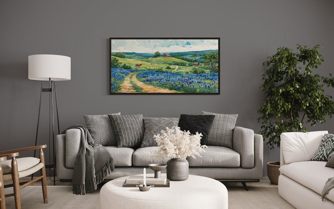 Texas Hill Country Art - Longhorn Wall Art With Vibrant Bluebonnets Canvas Print
