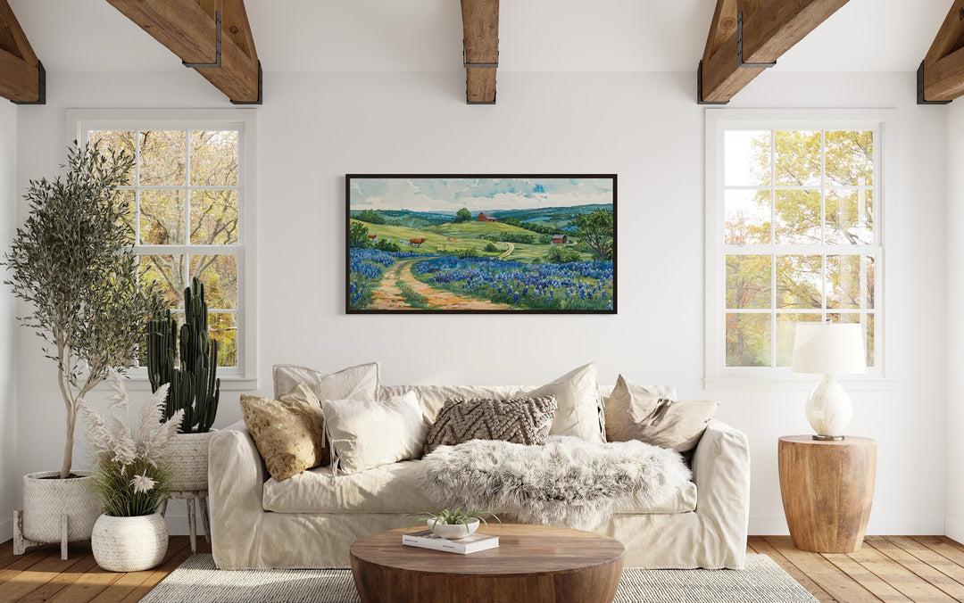 Texas Hill Country Art - Longhorn Wall Art With Vibrant Bluebonnets Canvas Print