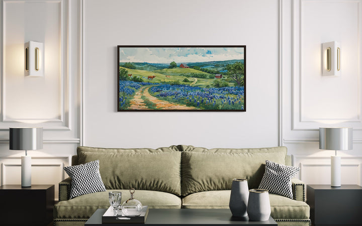 Texas Hill Country Art - Longhorn Wall Art With Vibrant Bluebonnets Canvas Print
