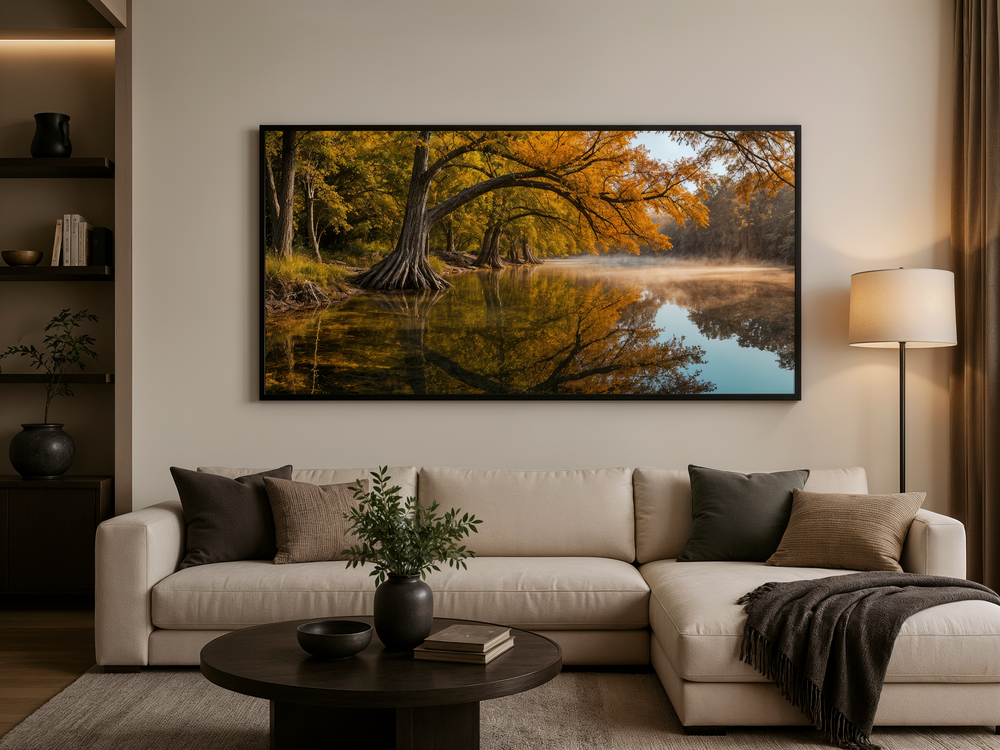 A large framed canvas print of a vibrant fall river landscape hangs above a modern beige sofa.