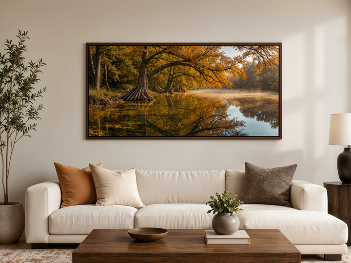 Texas landscape wall art featuring a vibrant fall river painting in a rustic wooden frame.