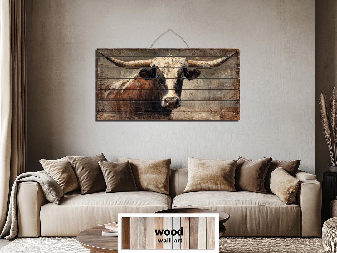 Rustic Texas longhorn bull portrait printed on horizontal wood planks for farmhouse wall decor.