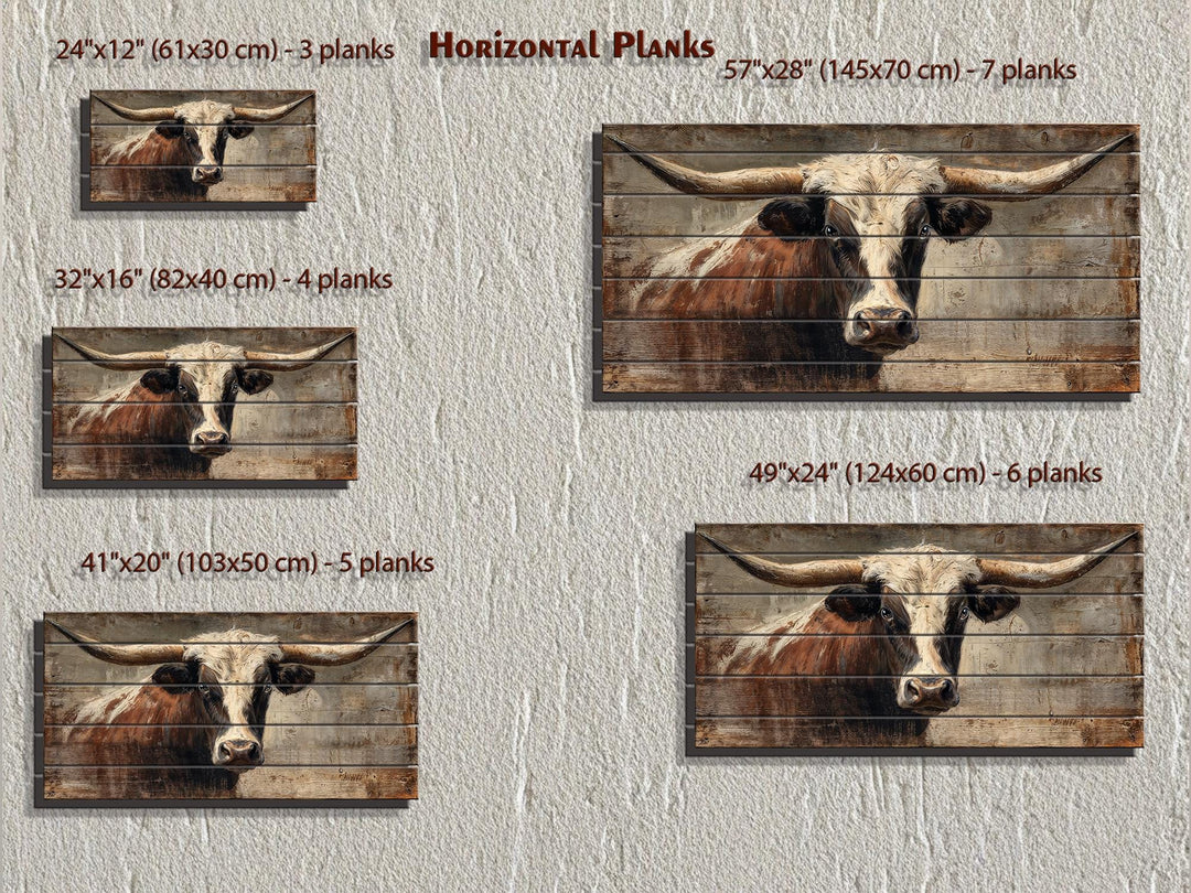 Rustic Texas longhorn bull portrait printed on horizontal wood planks in five different sizes.
