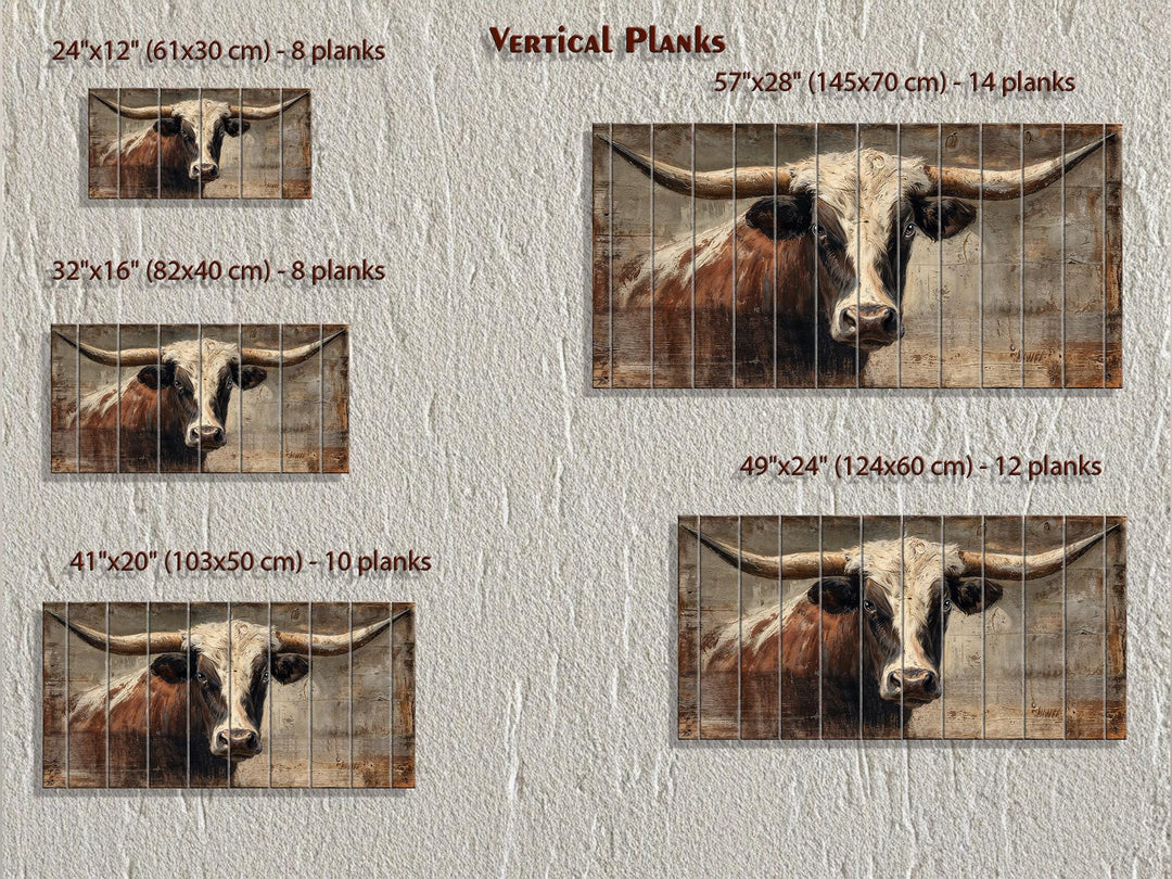 Rustic Texas longhorn bull wall art printed on vertical wood planks in five different sizes.