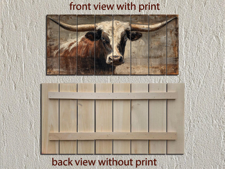 Rustic Texas longhorn bull portrait printed on horizontal wooden planks for farmhouse wall decor.