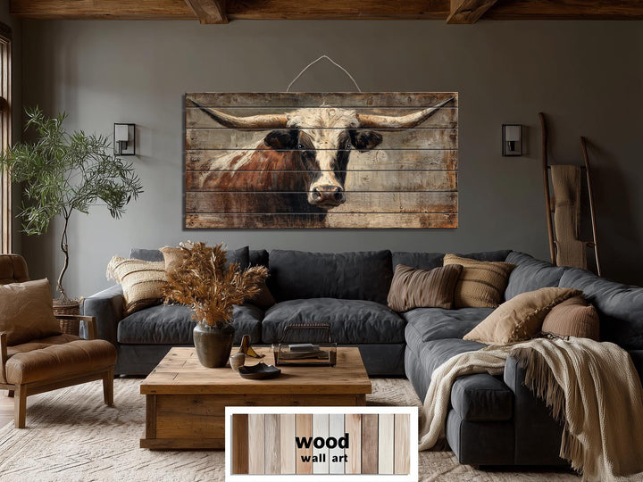 Rustic Texas longhorn bull portrait printed on horizontal wood planks for farmhouse wall decor.